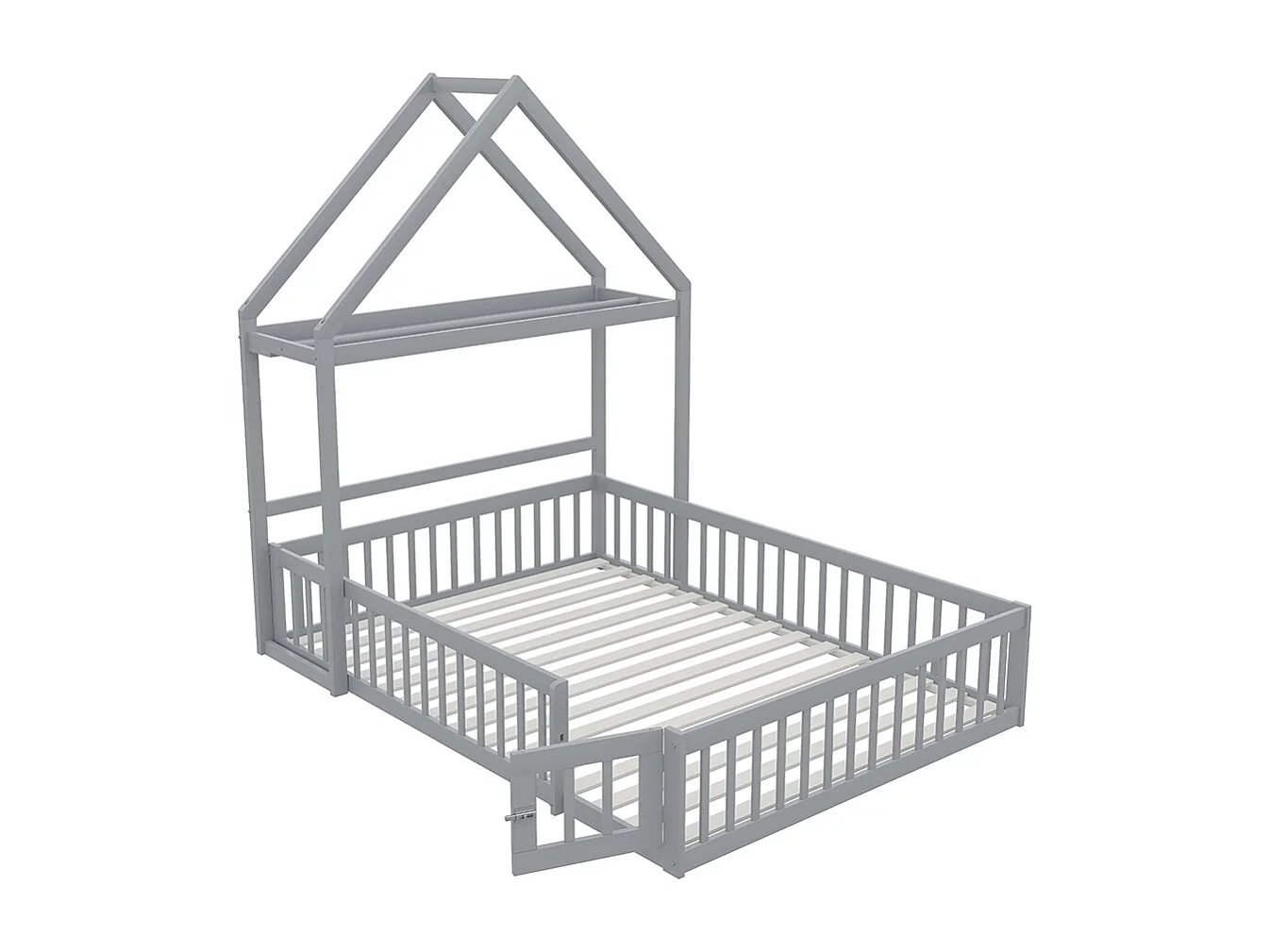Lit cabane enfant 140 x 200 Cadre de lit en bois massif avec rangement Porte de sécurité complète Sommier à lattes Gris