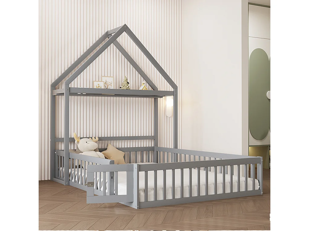 Lit cabane enfant 140 x 200 Cadre de lit en bois massif avec rangement Porte de sécurité complète Sommier à lattes Gris