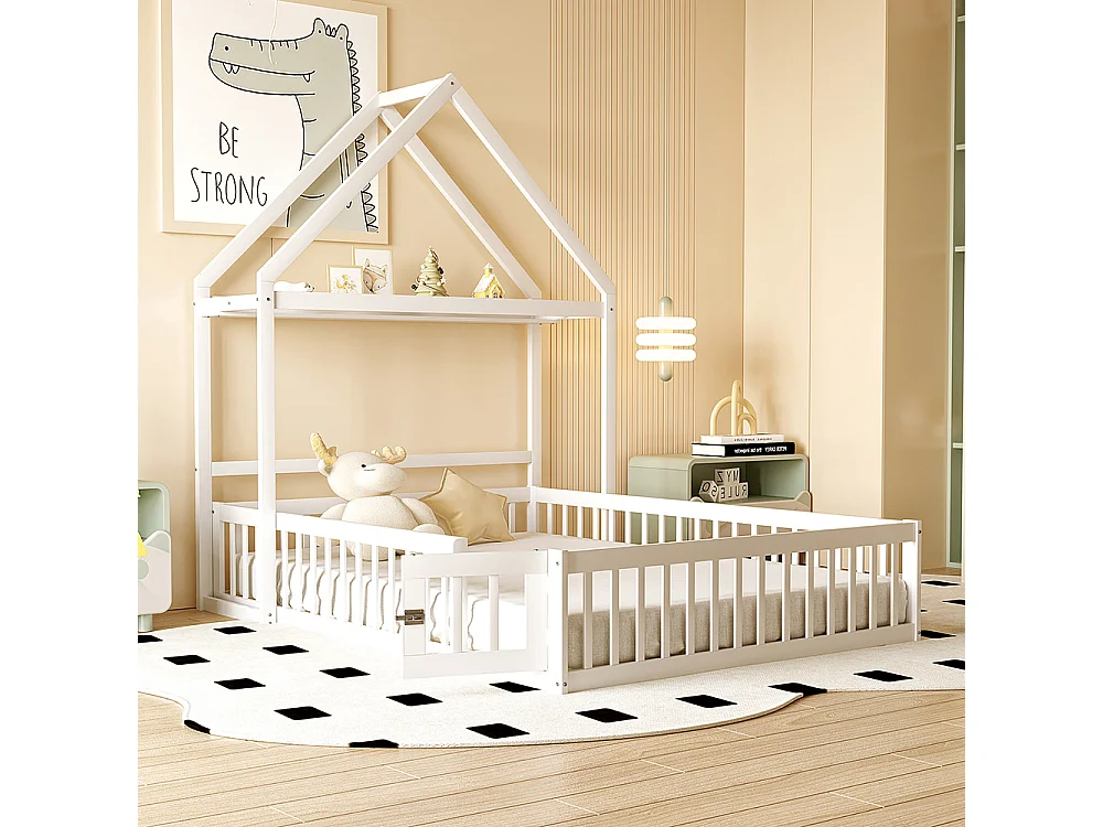 Lit cabane enfant 140 x 200 Cadre de lit en bois massif avec rangement Porte de sécurité complète Sommier à lattes Blanc