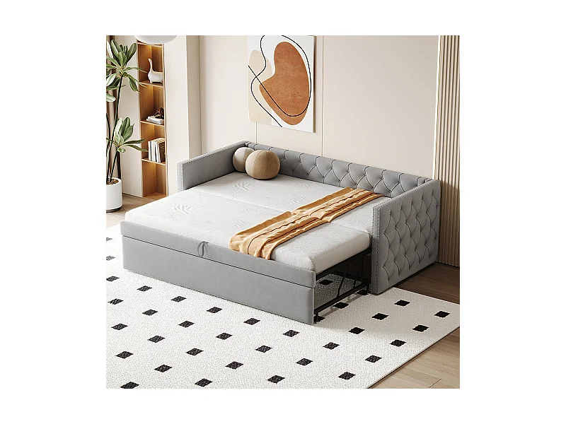 Lit gigogne Lit adulte Lit banquette 90 x 200 avec Sommier à lattes Lit d'invité Velours Gris clair