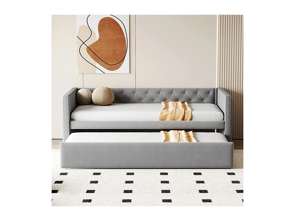 Lit gigogne Lit adulte Lit banquette 90 x 200 avec Sommier à lattes Lit d'invité Velours Gris clair