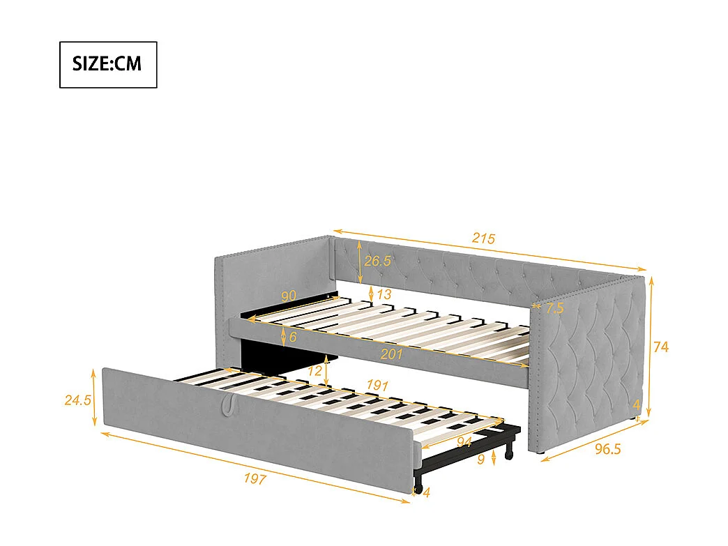 Lit gigogne Lit adulte Lit banquette 90 x 200 avec Sommier à lattes Lit d'invité Velours Gris clair