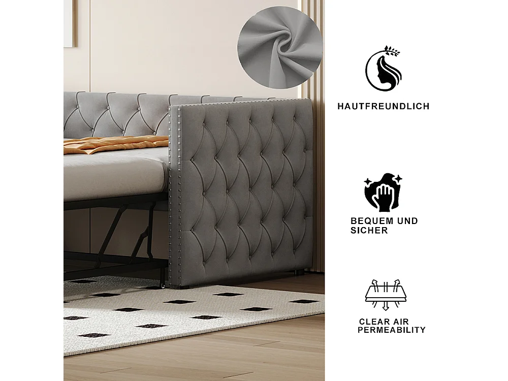 Lit gigogne Lit adulte Lit banquette 90 x 200 avec Sommier à lattes Lit d'invité Velours Gris clair