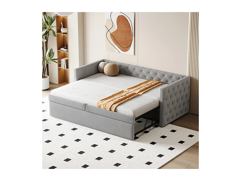 Lit gigogne Lit adulte Lit banquette 90 x 200 avec Sommier à lattes Lit d'invité Velours Gris clair