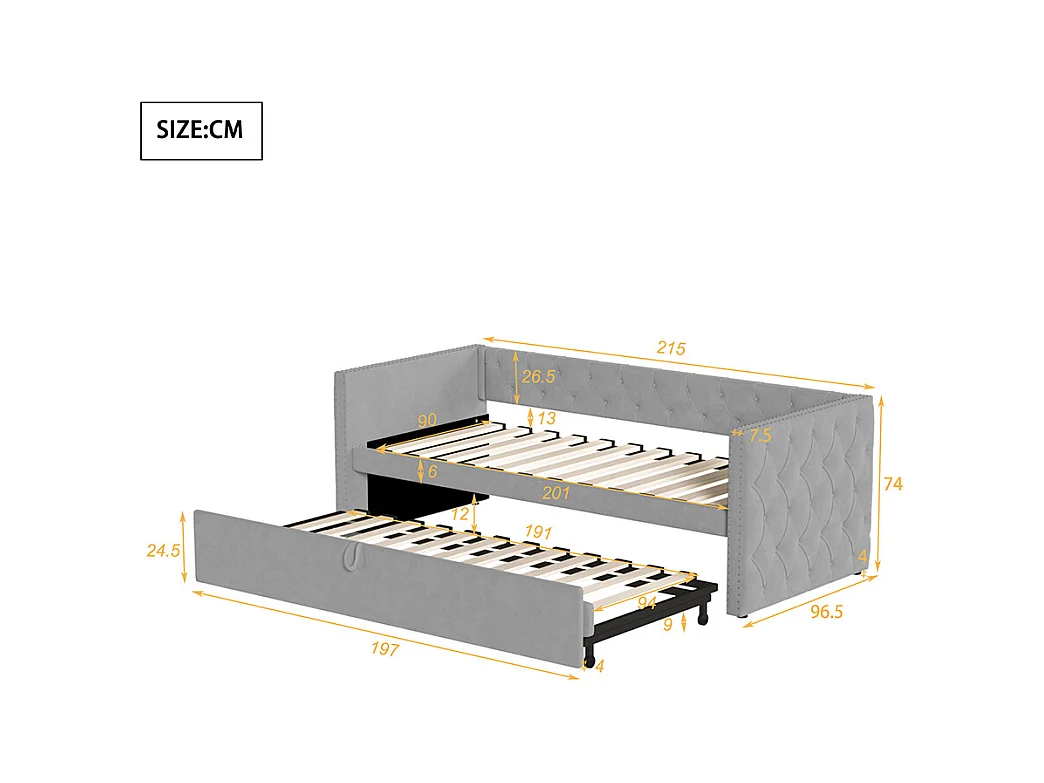Lit gigogne Lit adulte Lit banquette 90 x 200 avec Sommier à lattes Lit d'invité Velours Gris clair