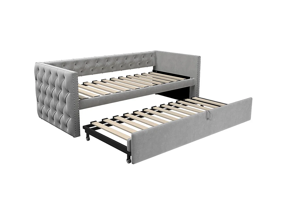 Lit gigogne Lit adulte Lit banquette 90 x 200 avec Sommier à lattes Lit d'invité Velours Gris clair
