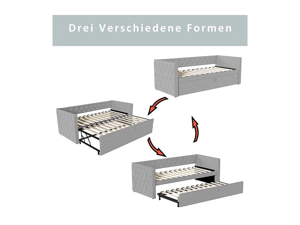 Lit gigogne Lit adulte Lit banquette 90 x 200 avec Sommier à lattes Lit d'invité Velours Gris clair