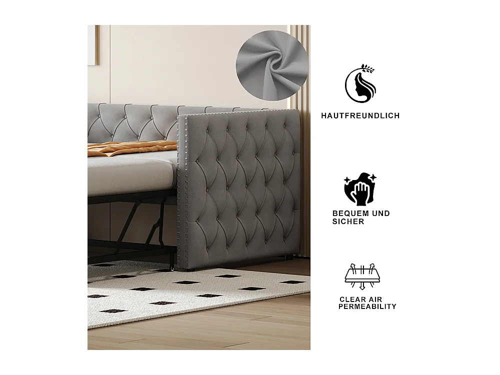 Lit gigogne Lit adulte Lit banquette 90 x 200 avec Sommier à lattes Lit d'invité Velours Gris clair
