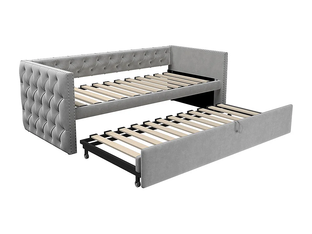 Lit gigogne Lit adulte Lit banquette 90 x 200 avec Sommier à lattes Lit d'invité Velours Gris clair