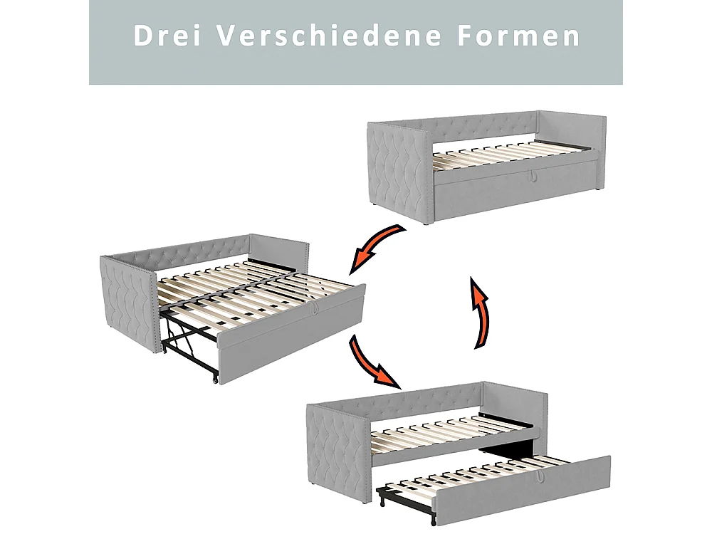Lit gigogne Lit adulte Lit banquette 90 x 200 avec Sommier à lattes Lit d'invité Velours Gris clair