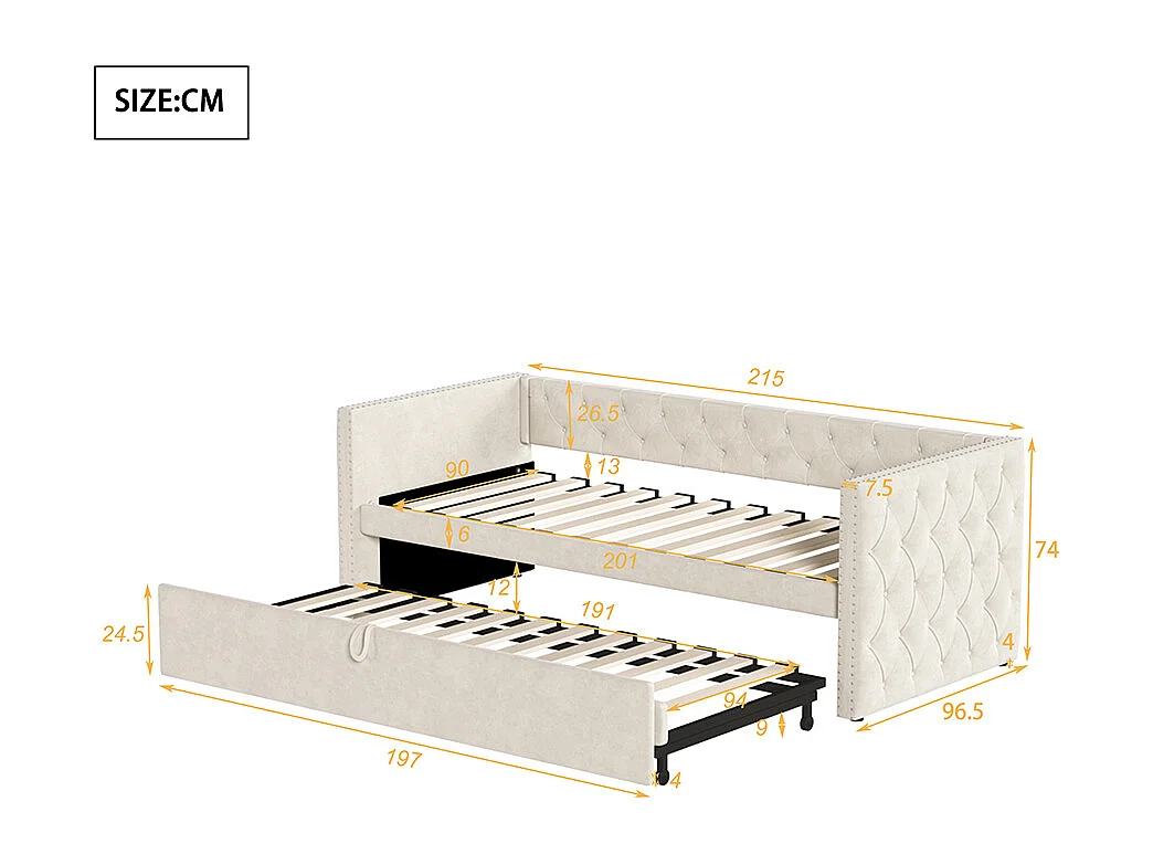 Lit gigogne Lit adulte Lit banquette 90 x 200 avec Sommier à lattes Lit d'invité Velours Beige