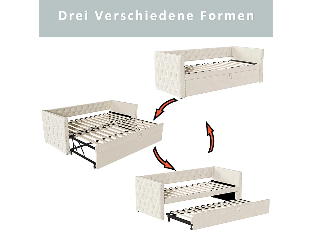 Lit gigogne Lit adulte Lit banquette 90 x 200 avec Sommier à lattes Lit d'invité Velours Beige