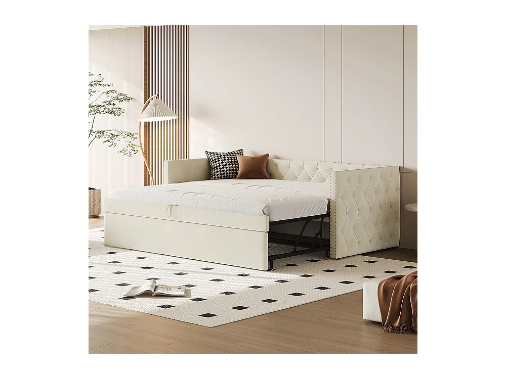 Lit gigogne Lit adulte Lit banquette 90 x 200 avec Sommier à lattes Lit d'invité Velours Beige