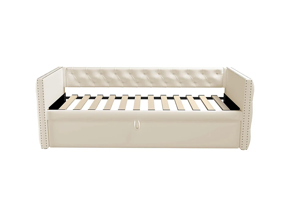 Lit gigogne Lit adulte Lit banquette 90 x 200 avec Sommier à lattes Lit d'invité Velours Beige