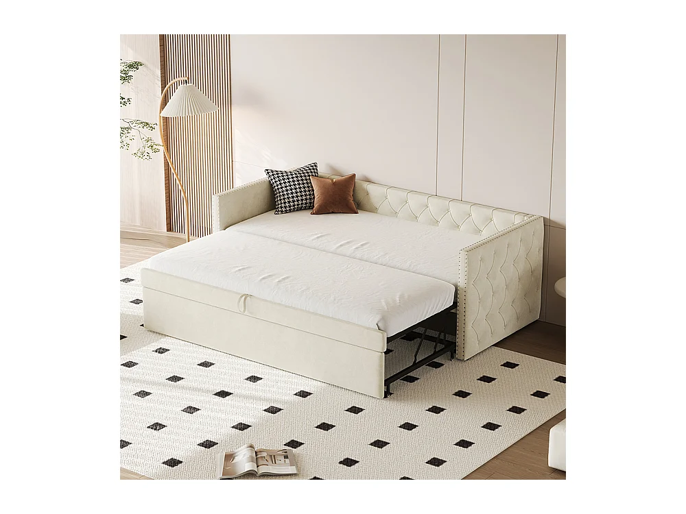 Lit gigogne Lit adulte Lit banquette 90 x 200 avec Sommier à lattes Lit d'invité Velours Beige