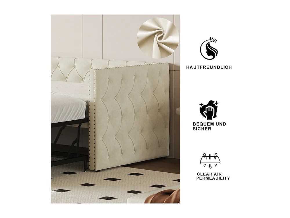 Lit gigogne Lit adulte Lit banquette 90 x 200 avec Sommier à lattes Lit d'invité Velours Beige