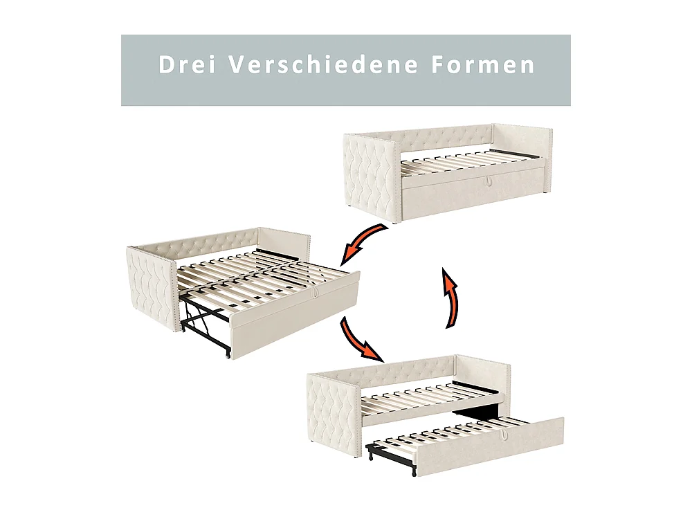 Lit gigogne Lit adulte Lit banquette 90 x 200 avec Sommier à lattes Lit d'invité Velours Beige