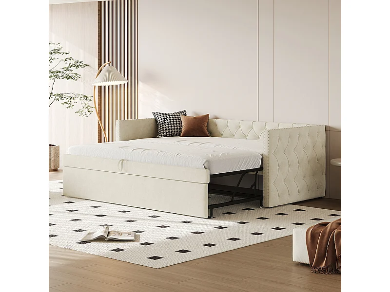 Lit gigogne Lit adulte Lit banquette 90 x 200 avec Sommier à lattes Lit d'invité Velours Beige