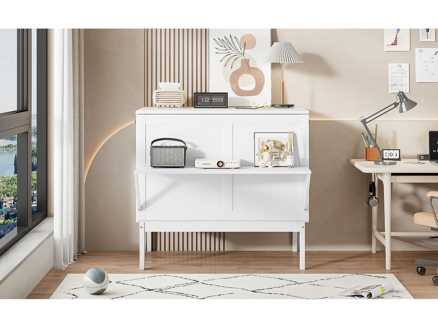 Lit gigogne Lit adulte 90 x 200 Lit mural avec sommier à lattes Armoire verticale Bois Blanc