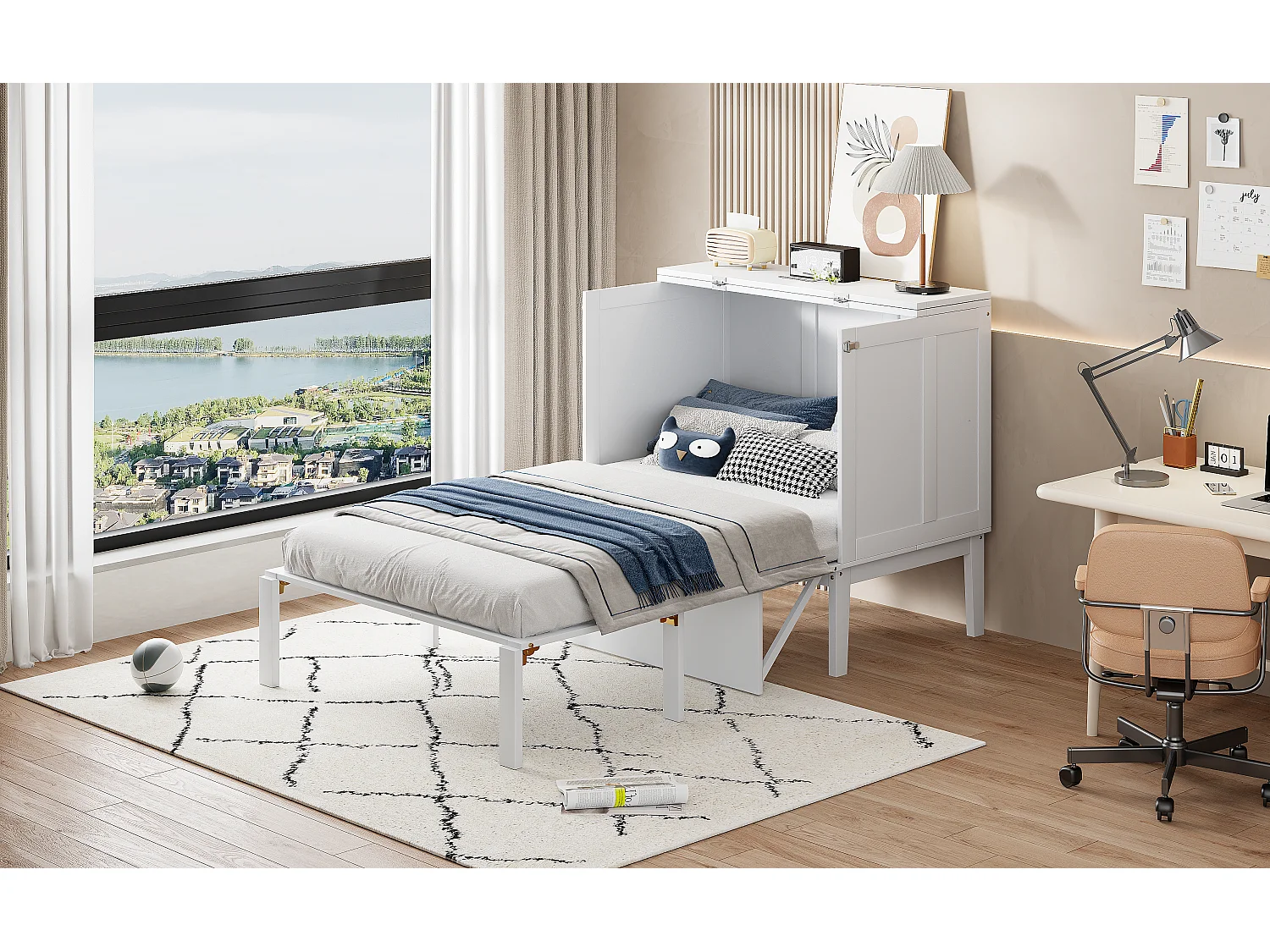 Lit gigogne Lit adulte 90 x 200 Lit mural avec sommier à lattes Armoire verticale Bois Blanc