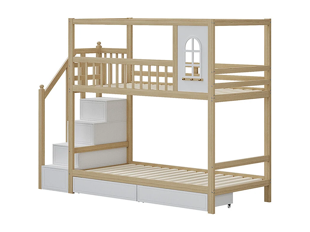 Lit superposé Lit enfant 90x200 avec fenêtre Porte de sécurité avec tiroirs de rangement et échelle de sécurité bois naturel