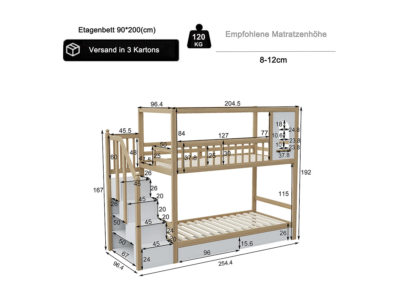 Lit superposé Lit enfant 90x200 avec fenêtre Porte de sécurité avec tiroirs de rangement et échelle de sécurité bois naturel