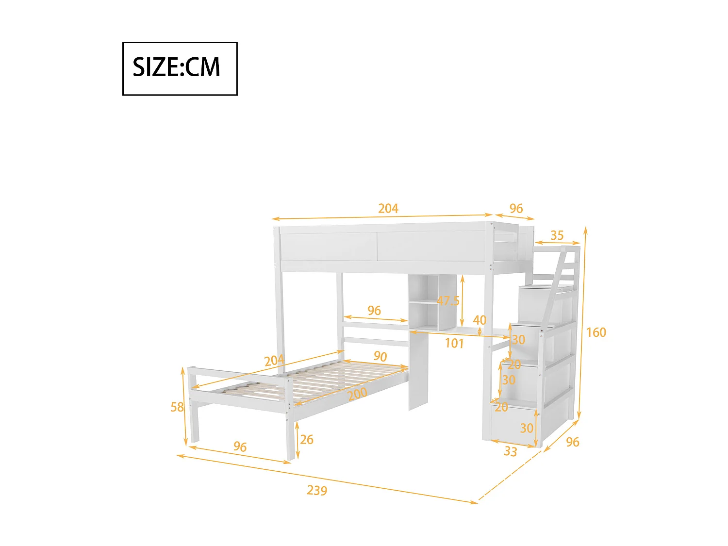 Lit superposé 90 x 200 cm Escalier de sécurité avec rangement caché Compartiment de rangement bureau Design clôture haute Blanc
