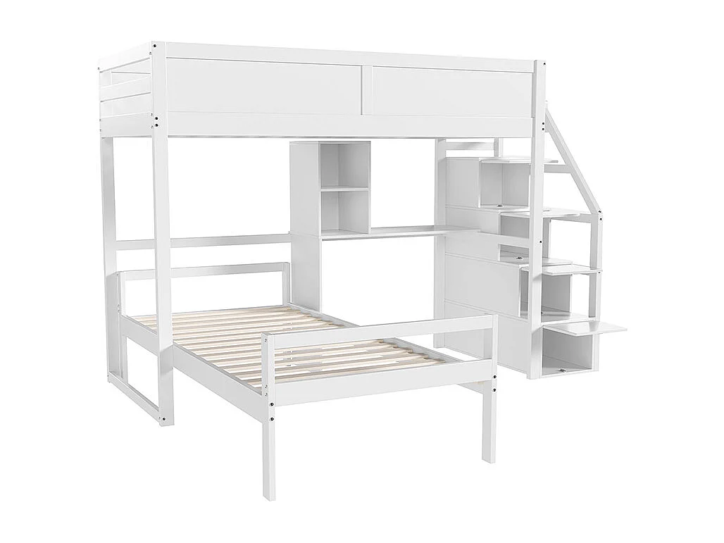 Lit superposé 90 x 200 cm Escalier de sécurité avec rangement caché Compartiment de rangement bureau Design clôture haute Blanc