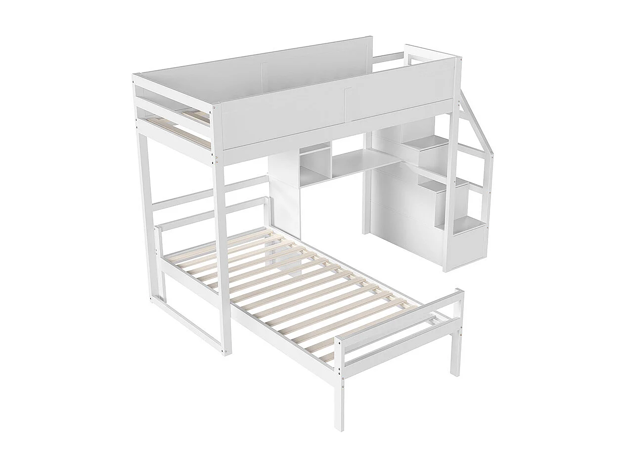 Lit superposé 90 x 200 cm Escalier de sécurité avec rangement caché Compartiment de rangement bureau Design clôture haute Blanc