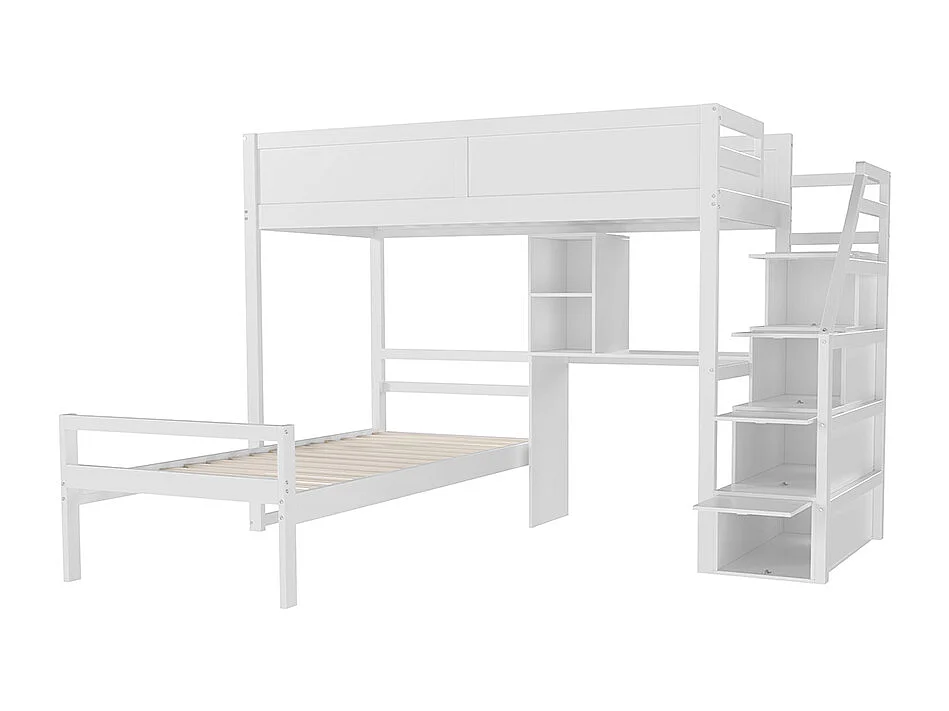 Lit superposé 90 x 200 cm Escalier de sécurité avec rangement caché Compartiment de rangement bureau Design clôture haute Blanc