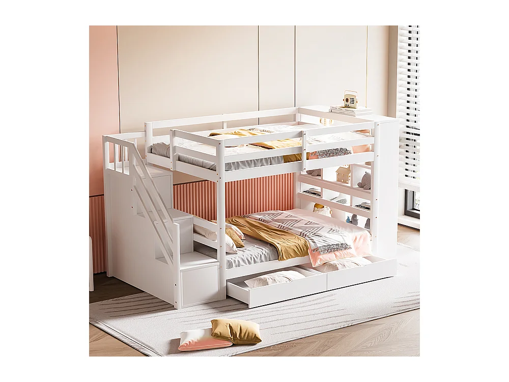 Lit superposé 90 x 200 cm avec escalier de sécurité et rangement tiroirs grands casiers clôture haute sommier à lattes en Pin Blanc