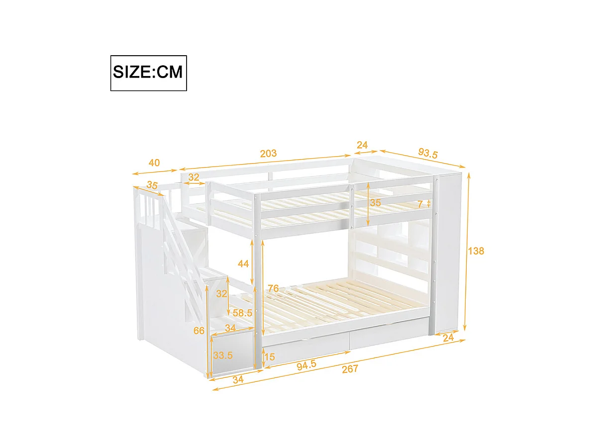 Lit superposé 90 x 200 cm avec escalier de sécurité et rangement tiroirs grands casiers clôture haute sommier à lattes en Pin Blanc