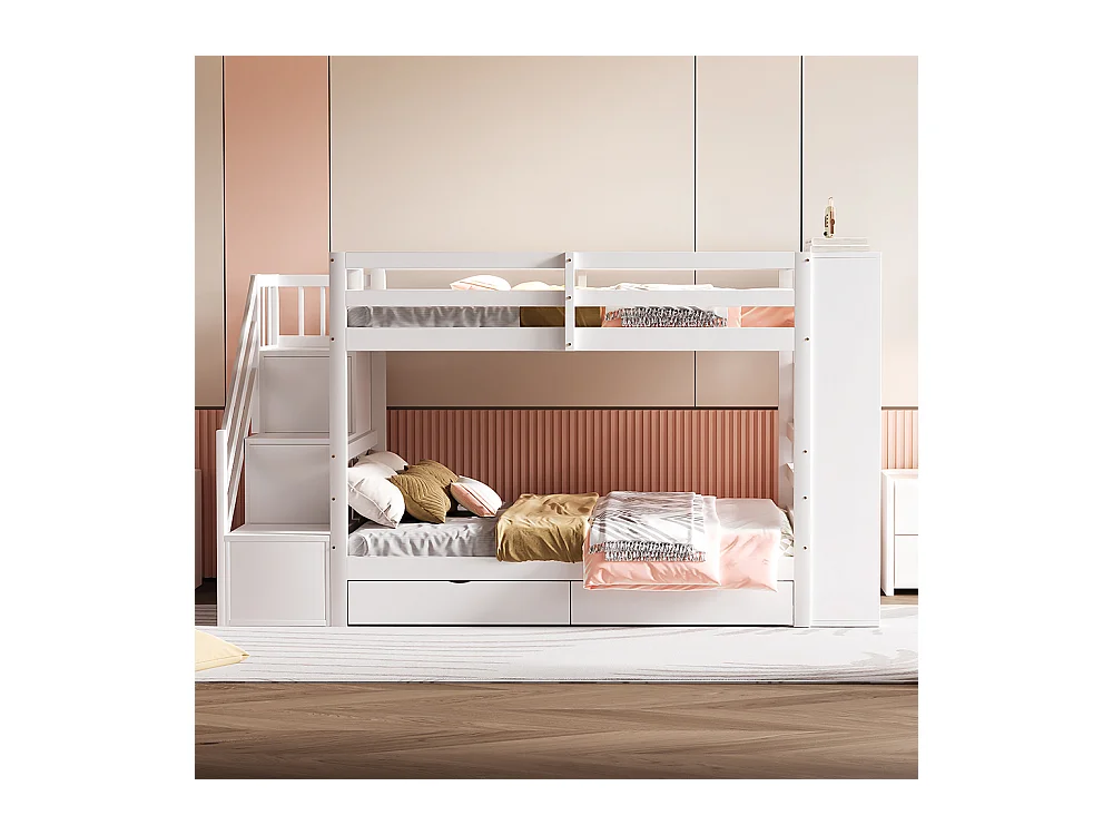Lit superposé 90 x 200 cm avec escalier de sécurité et rangement tiroirs grands casiers clôture haute sommier à lattes en Pin Blanc