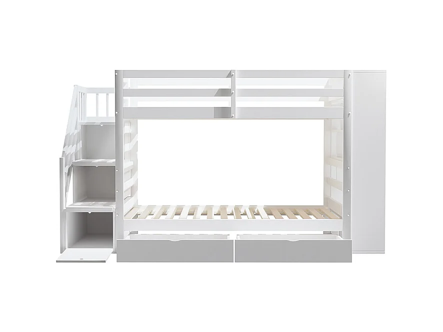 Lit superposé 90 x 200 cm avec escalier de sécurité et rangement tiroirs grands casiers clôture haute sommier à lattes en Pin Blanc