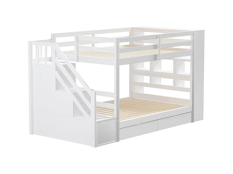 Lit superposé 90 x 200 cm avec escalier de sécurité et rangement tiroirs grands casiers clôture haute sommier à lattes en Pin Blanc