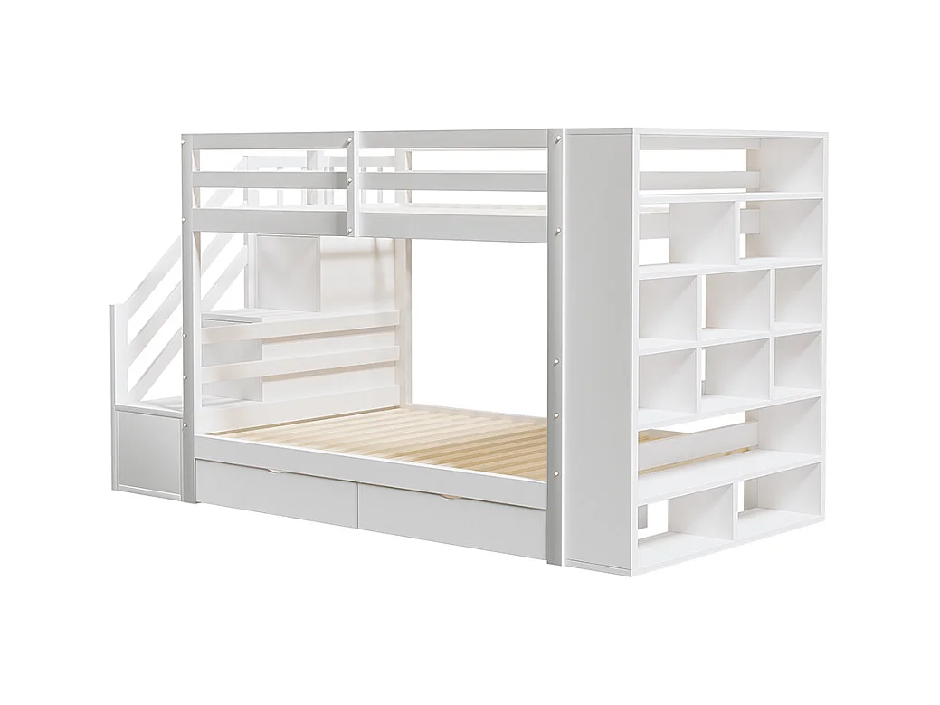 Lit superposé 90 x 200 cm avec escalier de sécurité et rangement tiroirs grands casiers clôture haute sommier à lattes en Pin Blanc