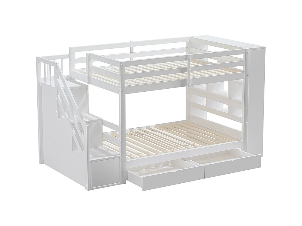 Lit superposé 90 x 200 cm avec escalier de sécurité et rangement tiroirs grands casiers clôture haute sommier à lattes en Pin Blanc