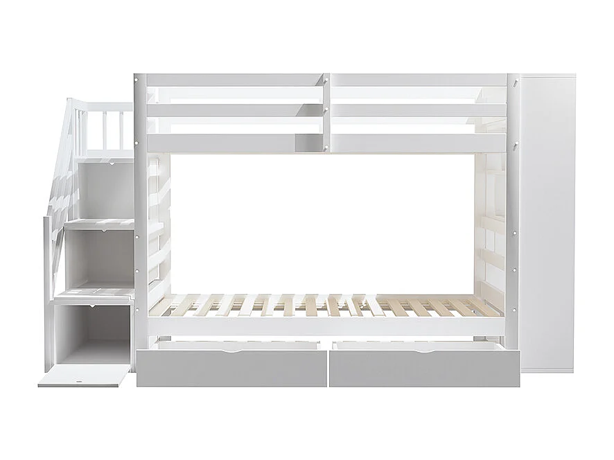 Lit superposé 90 x 200 cm avec escalier de sécurité et rangement tiroirs grands casiers clôture haute sommier à lattes en Pin Blanc