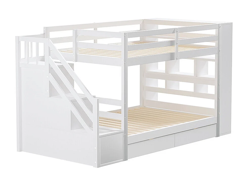 Lit superposé 90 x 200 cm avec escalier de sécurité et rangement tiroirs grands casiers clôture haute sommier à lattes en Pin Blanc