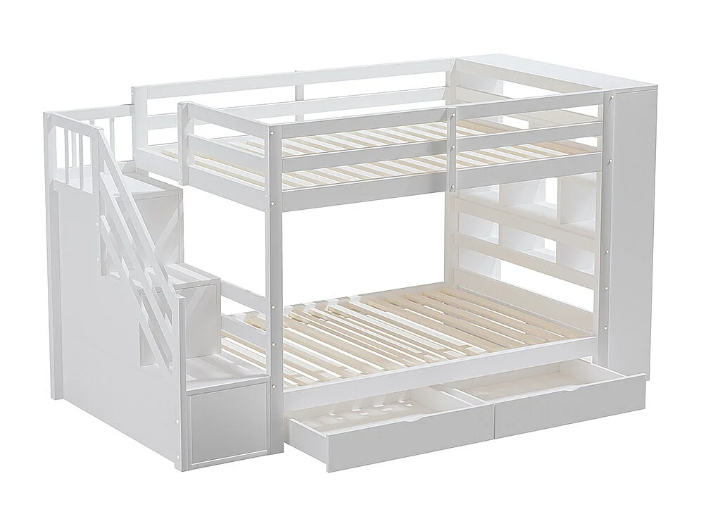 Lit superposé 90 x 200 cm avec escalier de sécurité et rangement tiroirs grands casiers clôture haute sommier à lattes en Pin Blanc