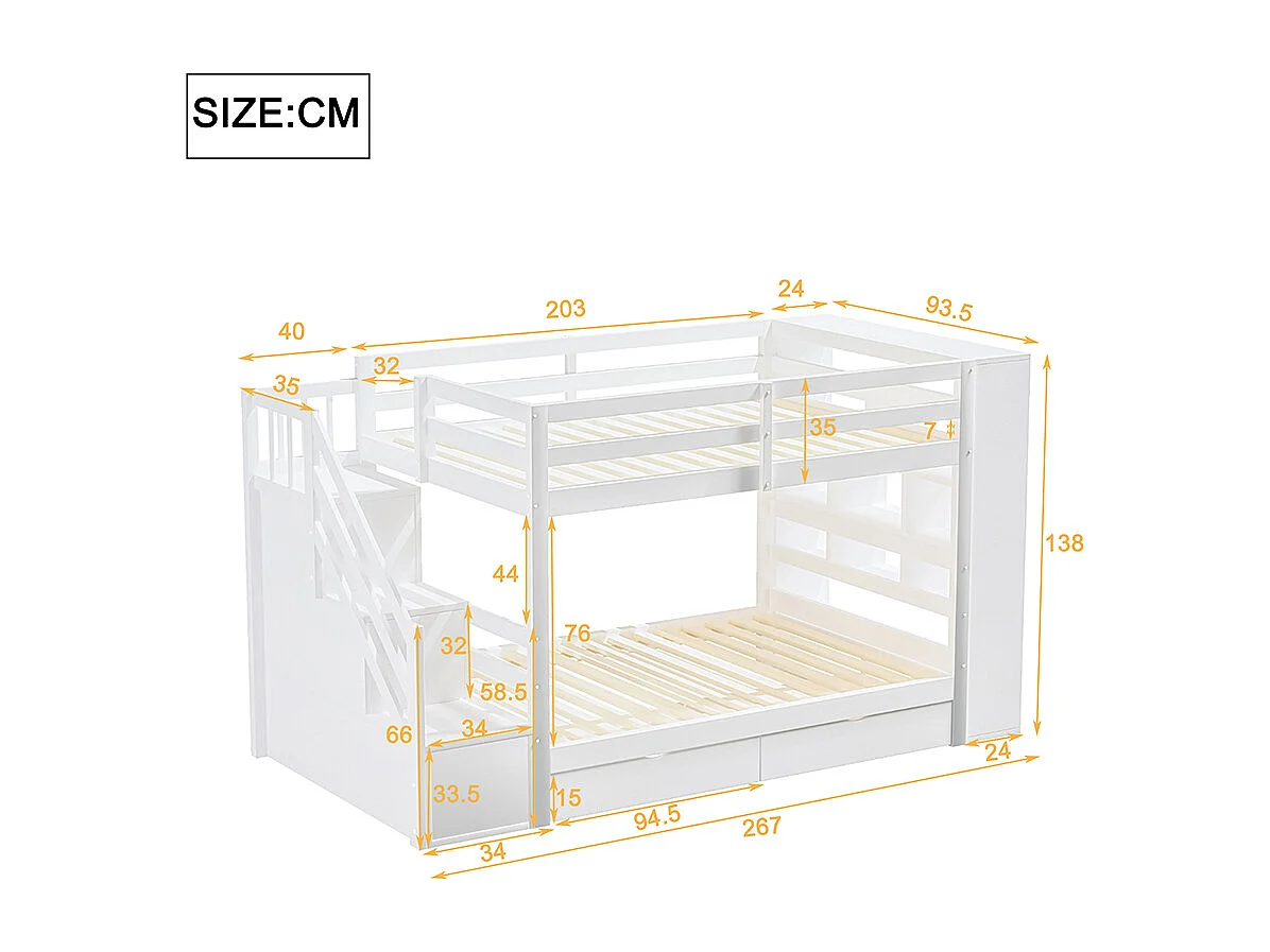 Lit superposé 90 x 200 cm avec escalier de sécurité et rangement tiroirs grands casiers clôture haute sommier à lattes en Pin Blanc