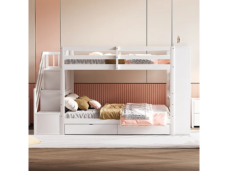 Lit superposé 90 x 200 cm avec escalier de sécurité et rangement tiroirs grands casiers clôture haute sommier à lattes en Pin Blanc