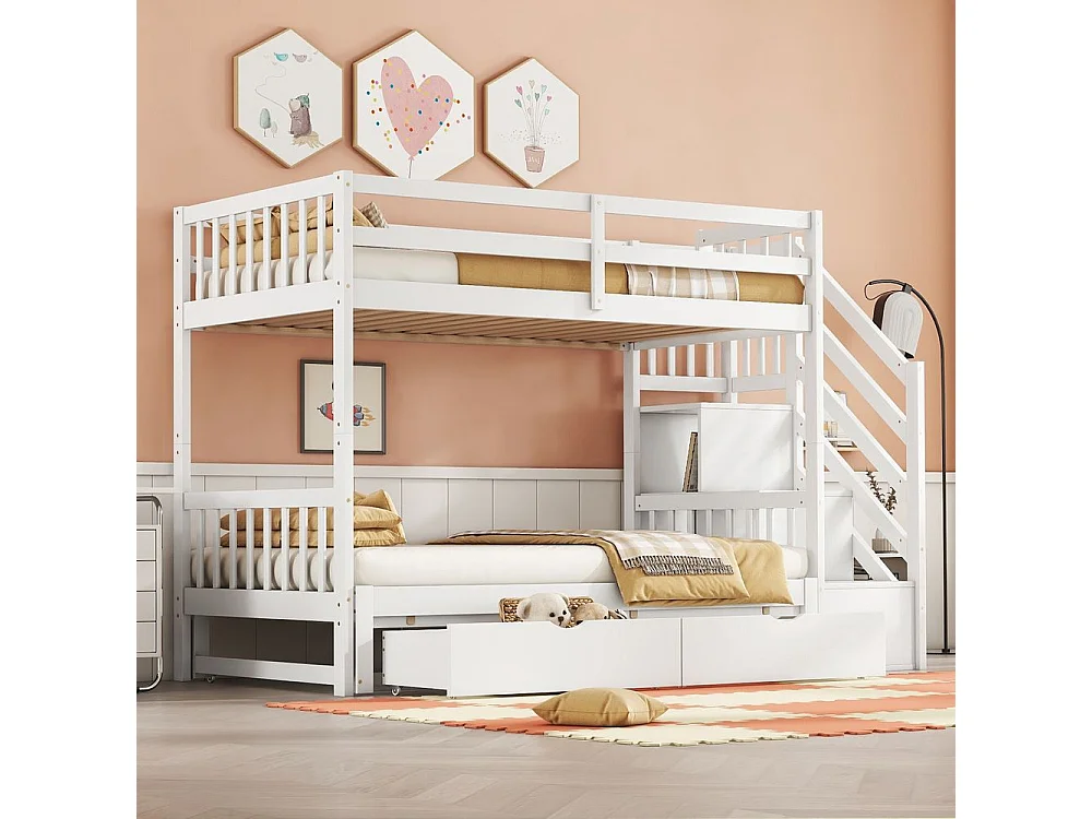 Lit superposé 90x200 cm avec lit gigogne Marchepieds escamotables Deux tiroirs Pin Sans matelas Blanc