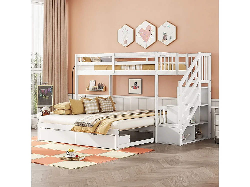 Lit superposé 90x200 cm avec lit gigogne Marchepieds escamotables Deux tiroirs Pin Sans matelas Blanc