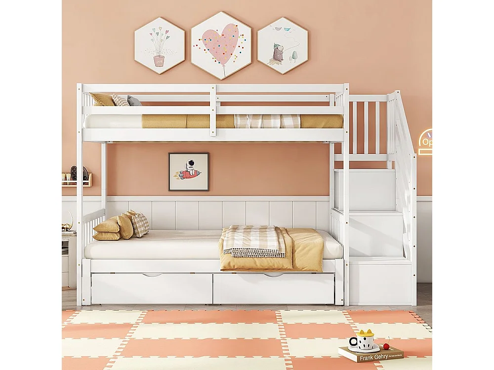 Lit superposé 90x200 cm avec lit gigogne Marchepieds escamotables Deux tiroirs Pin Sans matelas Blanc