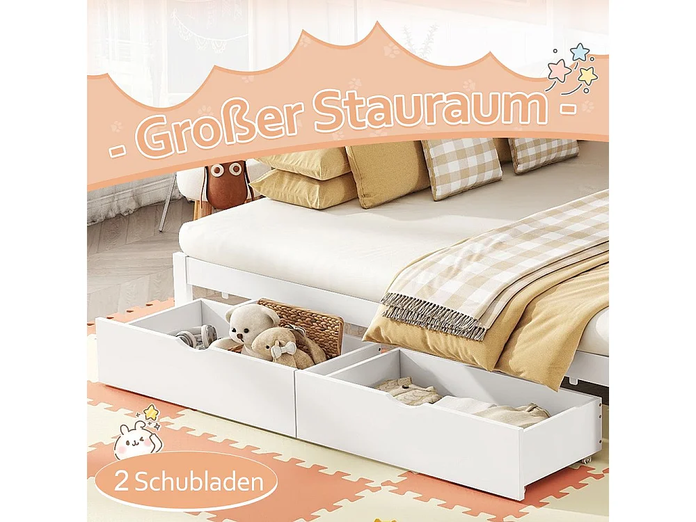 Lit superposé 90x200 cm avec lit gigogne Marchepieds escamotables Deux tiroirs Pin Sans matelas Blanc