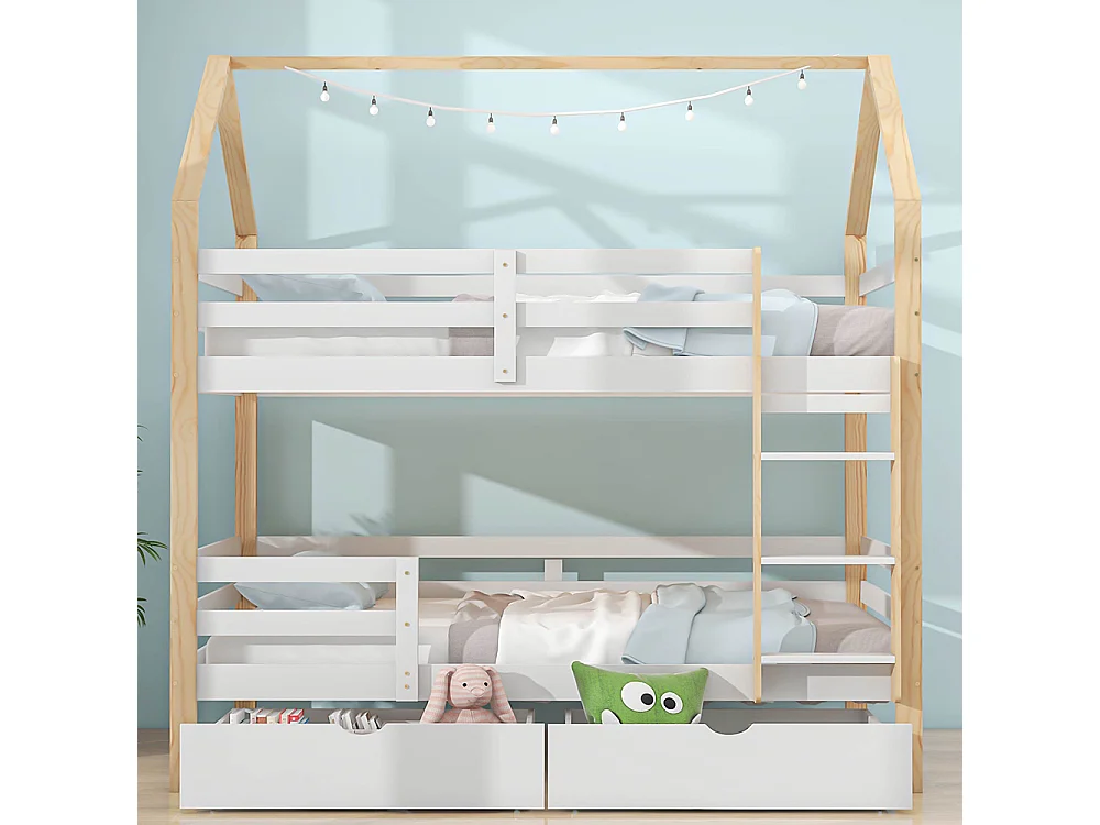 Lit superposé Lit cabane 90x200 cm lit d'enfant en forme de maison grands tiroirs pin Naturel