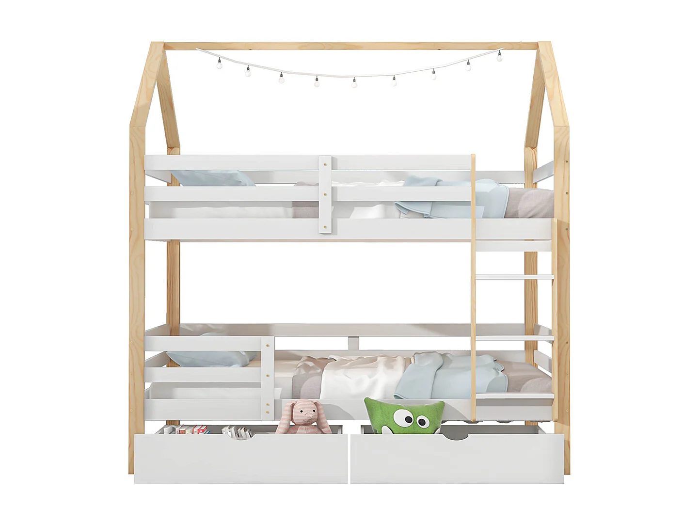 Lit superposé Lit cabane 90x200 cm lit d'enfant en forme de maison grands tiroirs pin Naturel