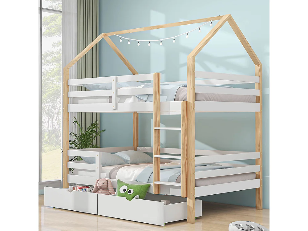Lit superposé Lit cabane 90x200 cm lit d'enfant en forme de maison grands tiroirs pin Naturel