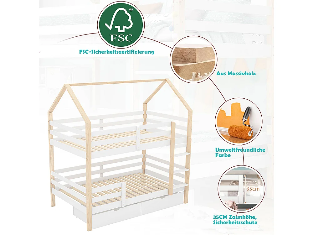 Lit superposé Lit cabane 90x200 cm lit d'enfant en forme de maison grands tiroirs pin Naturel